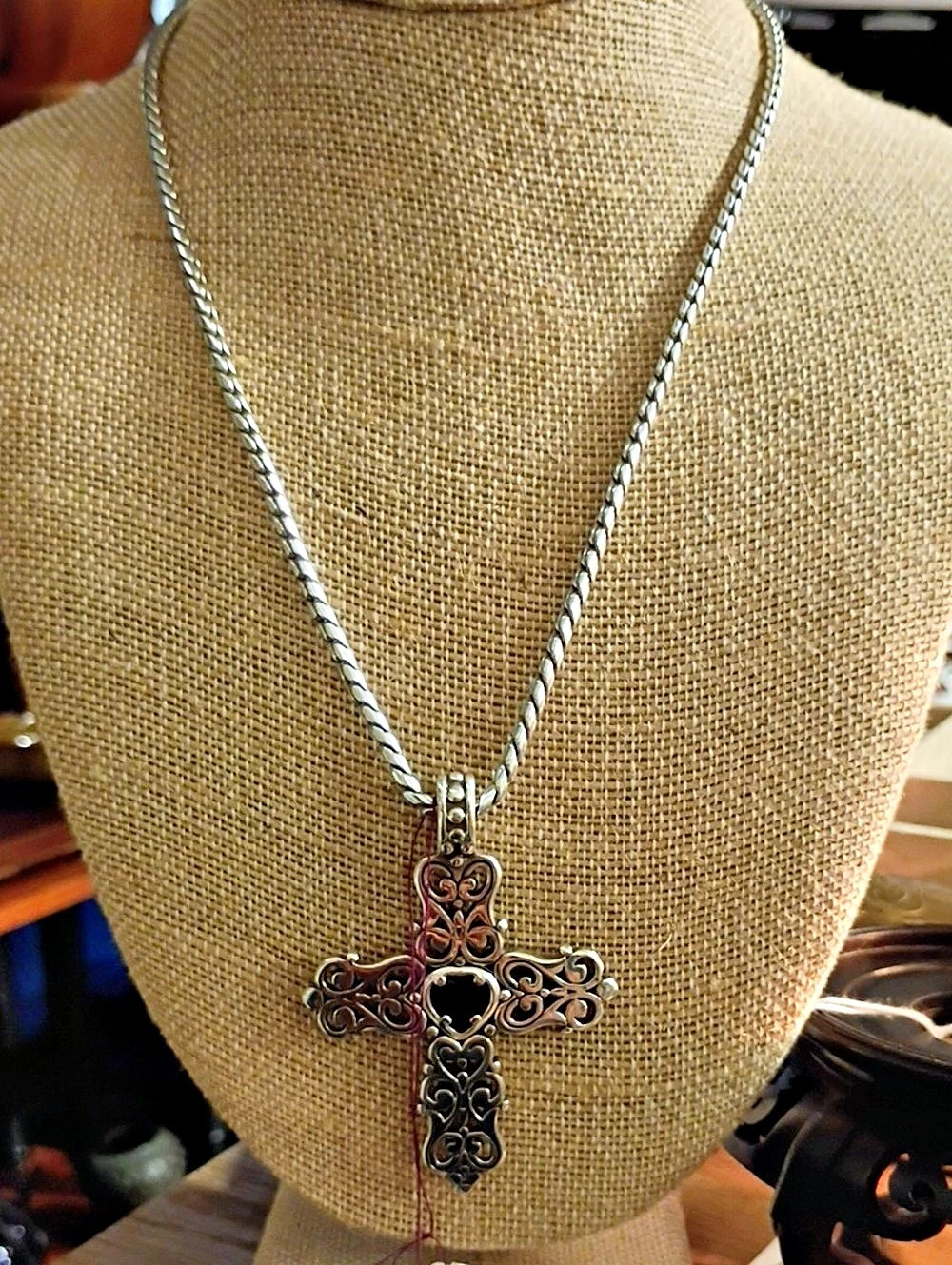Brighton Ornate Cross Pendant Necklace in Silver & Red
